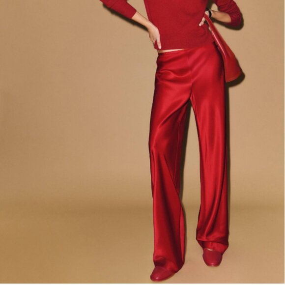 Reformation Ruby Red Satin Straight Leg Pants - Picture 1 of 5
